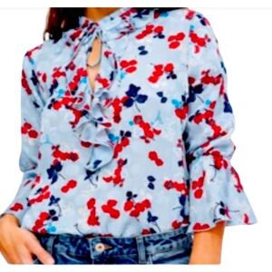 ZARA Flowery Blouse in Blue, Red vibrant colors ruffled. Size S. It’s perfect 👌